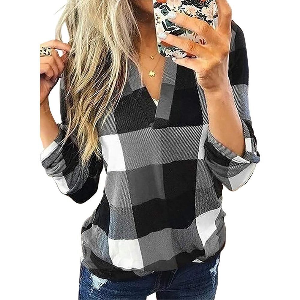 Women's Plaid Print V Neck Long Sleeve Blouse S-3XL Casual Work Top